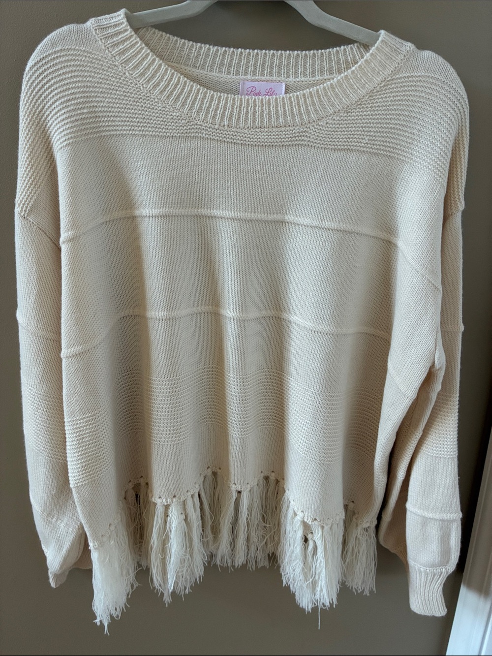 Pink Lily Cream Scoop Neck Fringe Hem Sweater